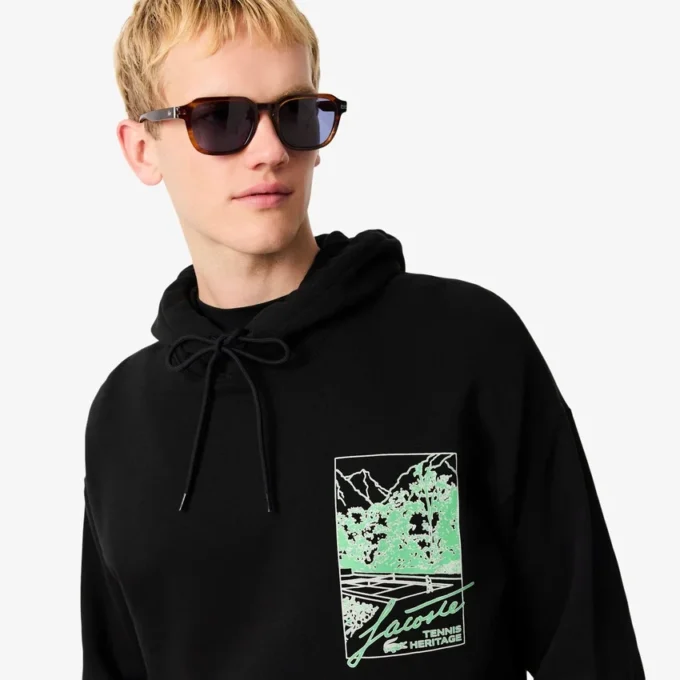 Erkek Baskılı Polar Kapüşonlu Sweatshirt