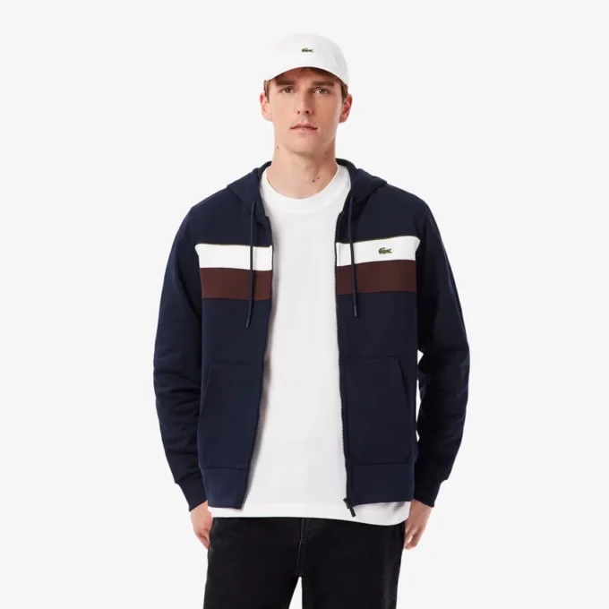 Erkek Fermuarlı Renk Bloklu Kapüşonlu Sweatshirt