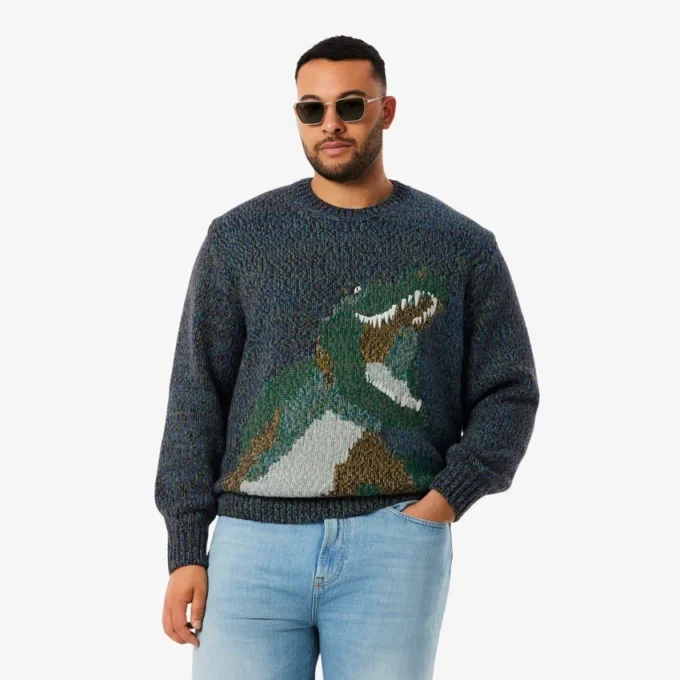 Erkek Örgü Intarsia Timsah Desenli Kazak