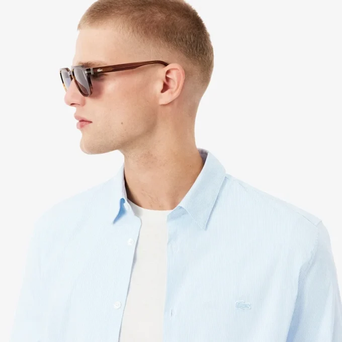 Erkek Slim Fit Çizgili Streç Düğmeli Gömlek