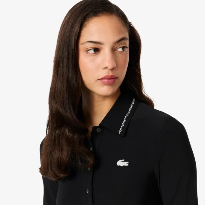 Kadın Slim Fit Diamanta Timsah Desenli Polo Tişört Yaka Elbise