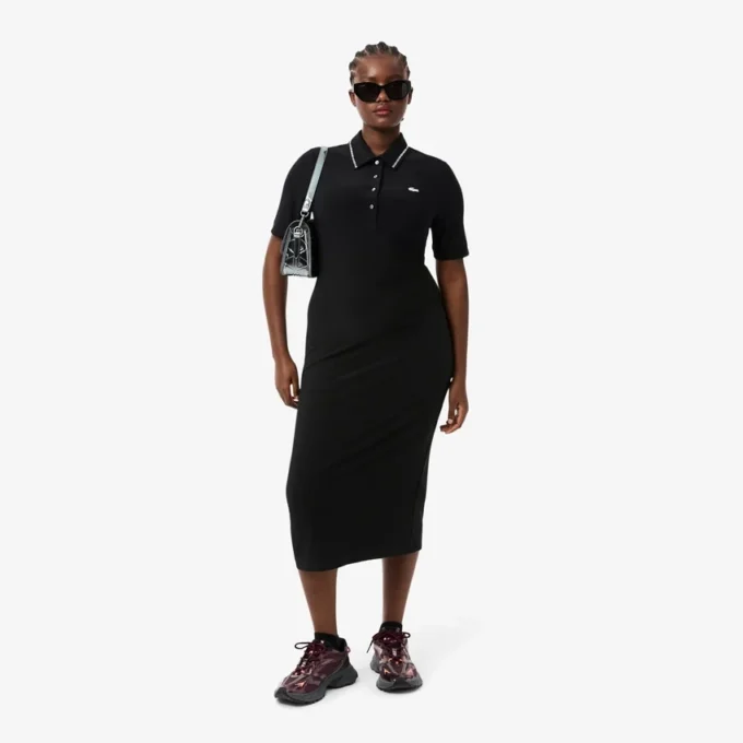 Kadın Slim Fit Diamanta Timsah Desenli Polo Tişört Yaka Elbise