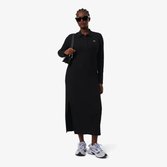 Kadın Slim Fit Nervürlü Pamuklu Polo Tişört Yaka Elbise