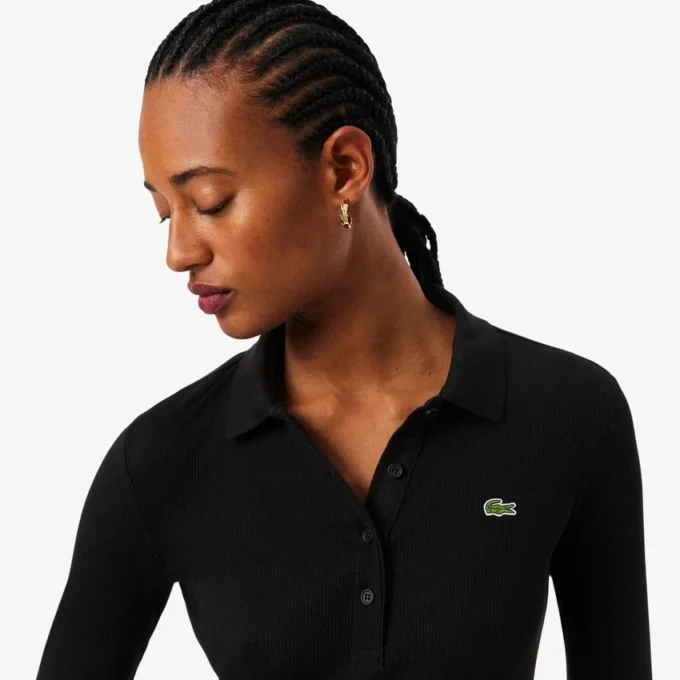 Kadın Slim Fit Nervürlü Pamuklu Polo Tişört Yaka Elbise