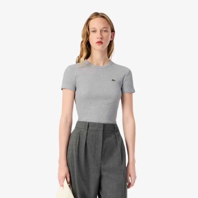 Kadın Slim Fit Nervürlü Pamuklu Tişört
