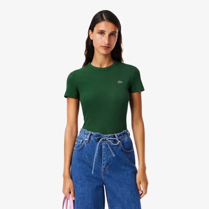 Kadın Slim Fit Nervürlü Pamuklu Tişört