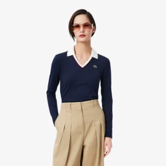 Kadın Slim Fit Süslemeli Uzun Kollu Polo Tişört
