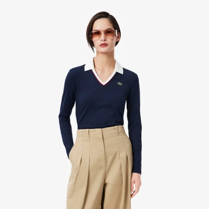 Kadın Slim Fit Süslemeli Uzun Kollu Polo Tişört