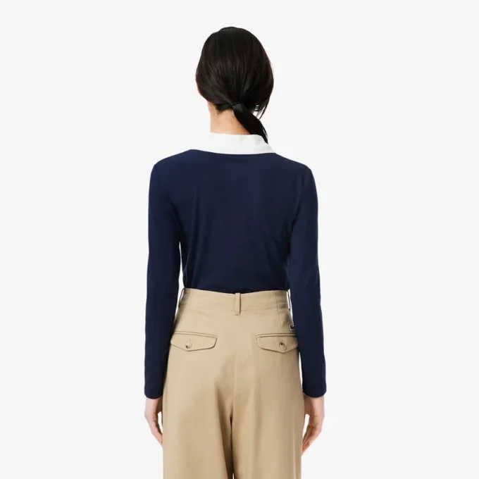 Kadın Slim Fit Süslemeli Uzun Kollu Polo Tişört