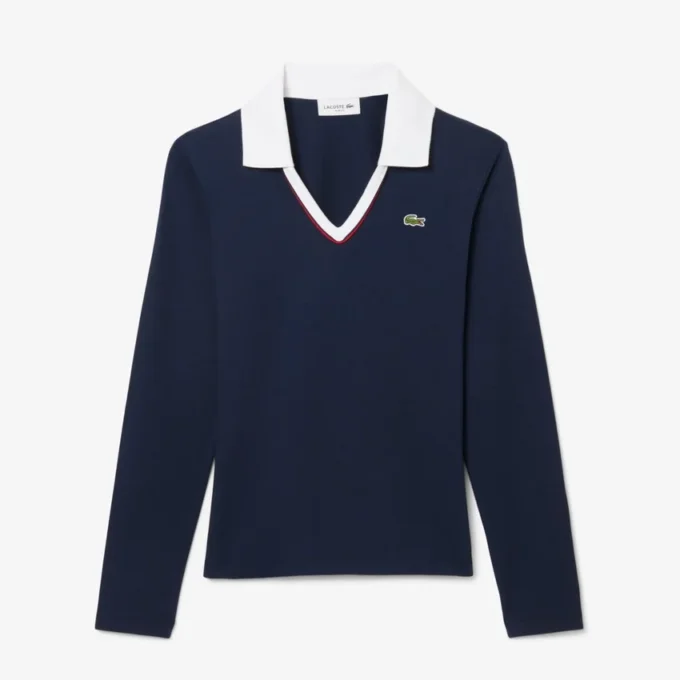 Kadın Slim Fit Süslemeli Uzun Kollu Polo Tişört