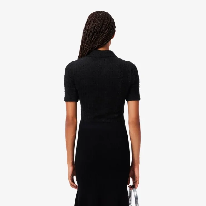 Kadın Slim Fit Tüylü Ribana Örgü Polo Tişört