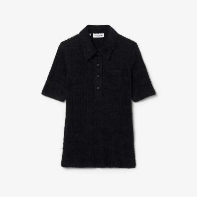 Kadın Slim Fit Tüylü Ribana Örgü Polo Tişört