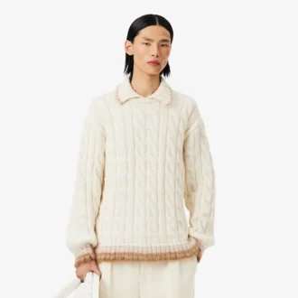 Runway Yün Polo Tişört Yakalı Kablo Örgü Kazak