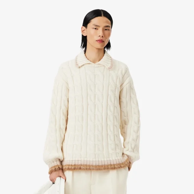 Runway Yün Polo Tişört Yakalı Kablo Örgü Kazak