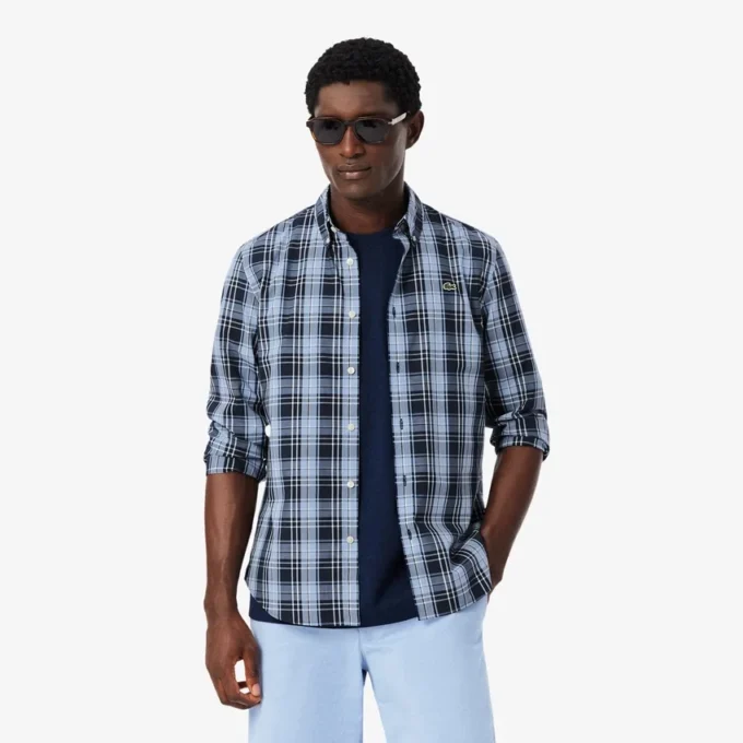 Slim Fit Gingham Desenli Streç Poplin Gömlek