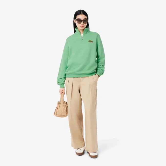 Unisex Bol Kesim Rozetli Yarım Fermuarlı Sweatshirt