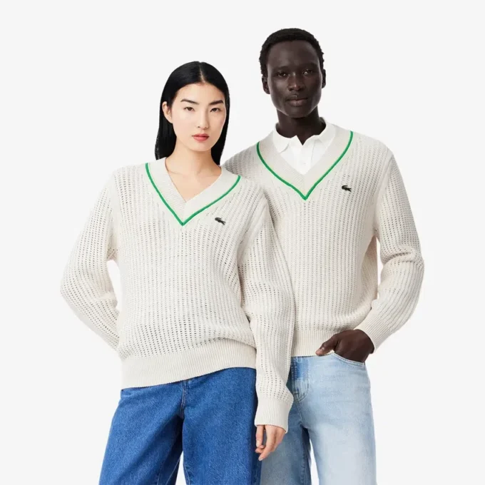 Unisex V Yaka Çizgili Tenis Kazak