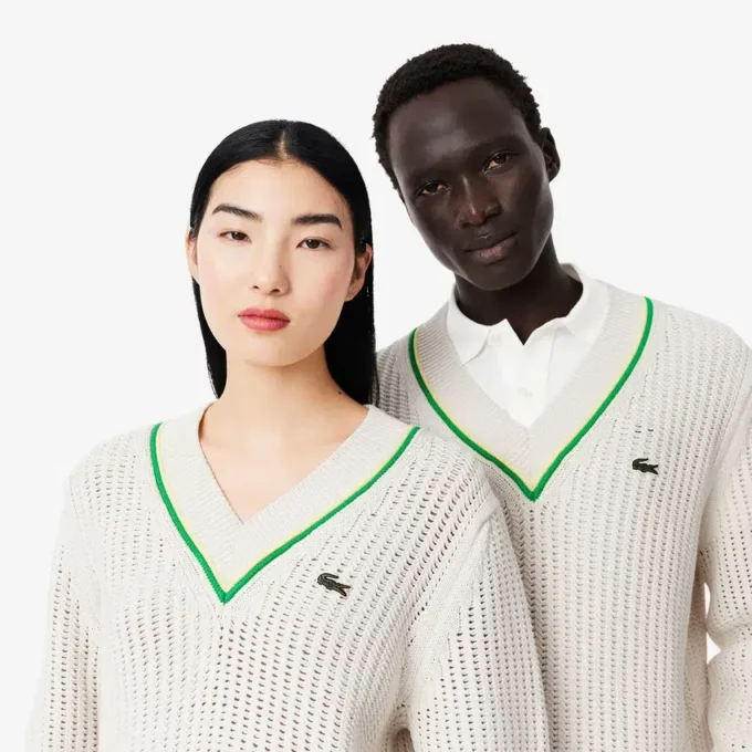 Unisex V Yaka Çizgili Tenis Kazak