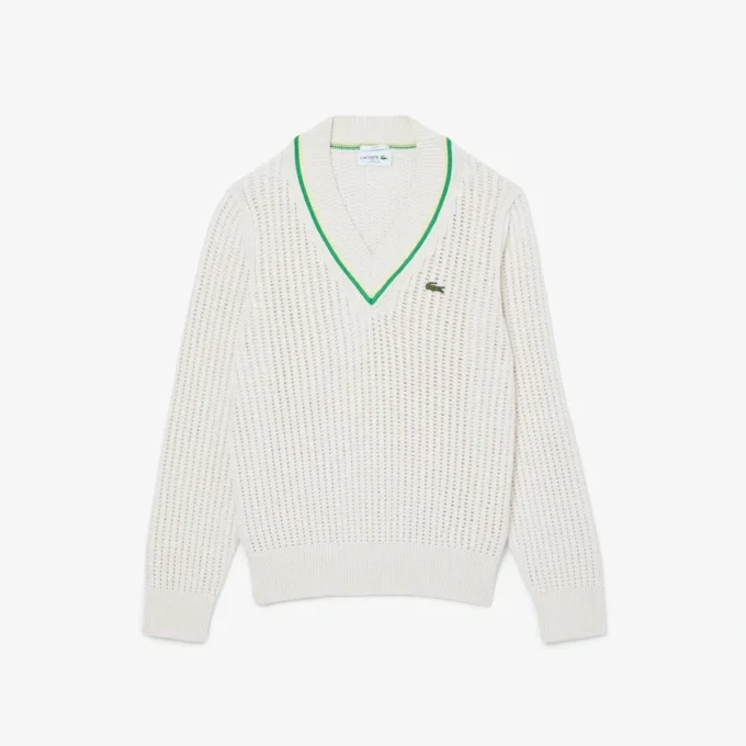 Unisex V Yaka Çizgili Tenis Kazak